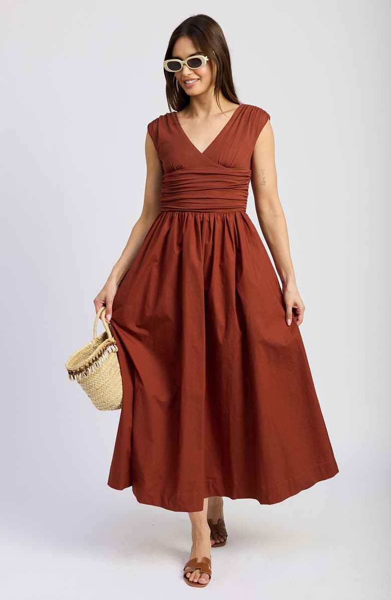 En Saison Emma Ruched Mixed Media Sundress, Alternate, color, Brick
