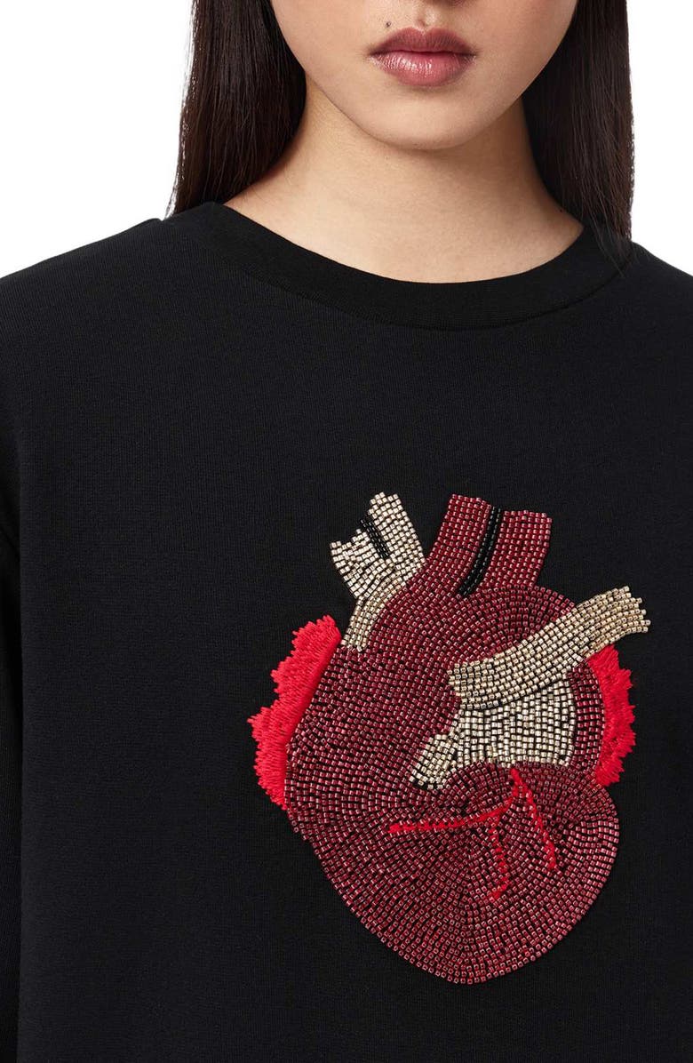 AllSaints Andrea Pippa Embellished Beaded Heart Sweatshirt, Alternate, color, Black