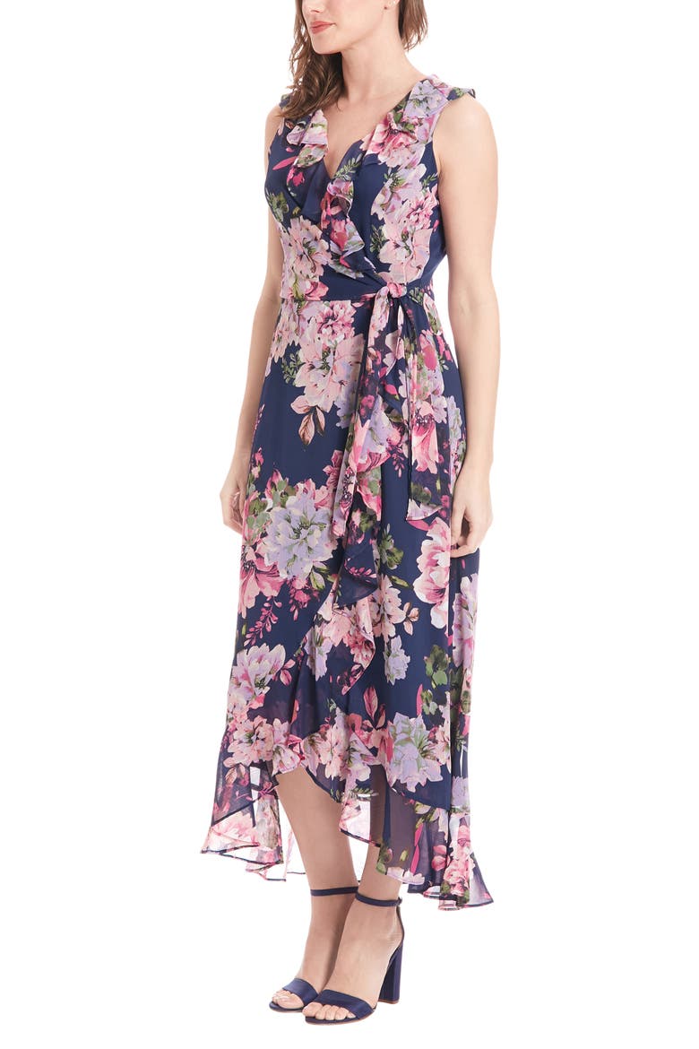 Femme Floral Yoryu Ruffle Hem Dress, Alternate, color, NAVY/ PINK