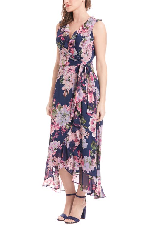 Shop London Times Floral Ruffle Sleeveless Chiffon Faux Wrap Dress In Navy Pink