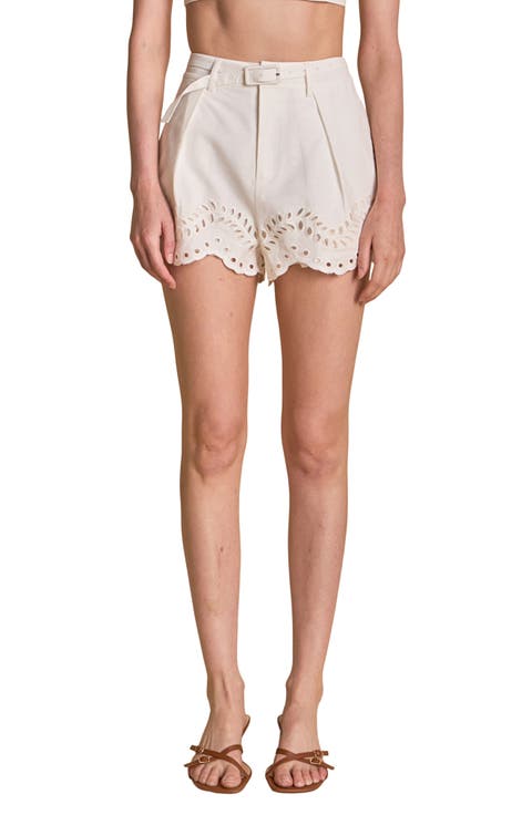 Belted Eyelet Embroidered Cotton & Linen Shorts