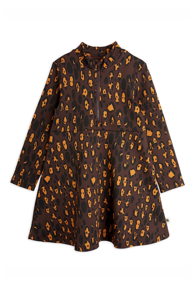 Kids' Leopard Print Long Sleeve Cotton Half-Zip Sweatshirt Dress, Main, color, BROWN