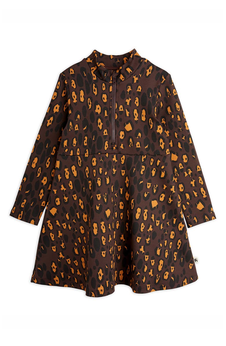Mini Rodini Kids' Leopard Print Long Sleeve Cotton Half-Zip Sweatshirt Dress, Main, color,