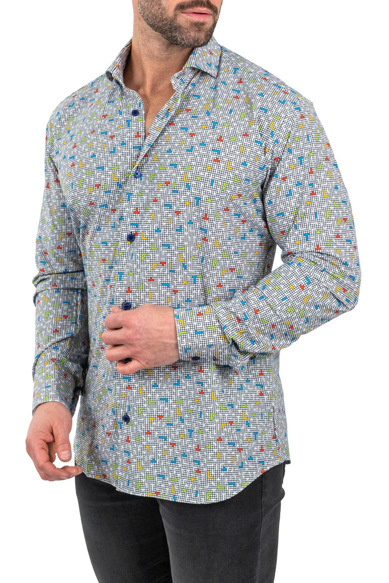 Einstein Stretch Tetris Button-Up Shirt, Alternate, color, WHITE