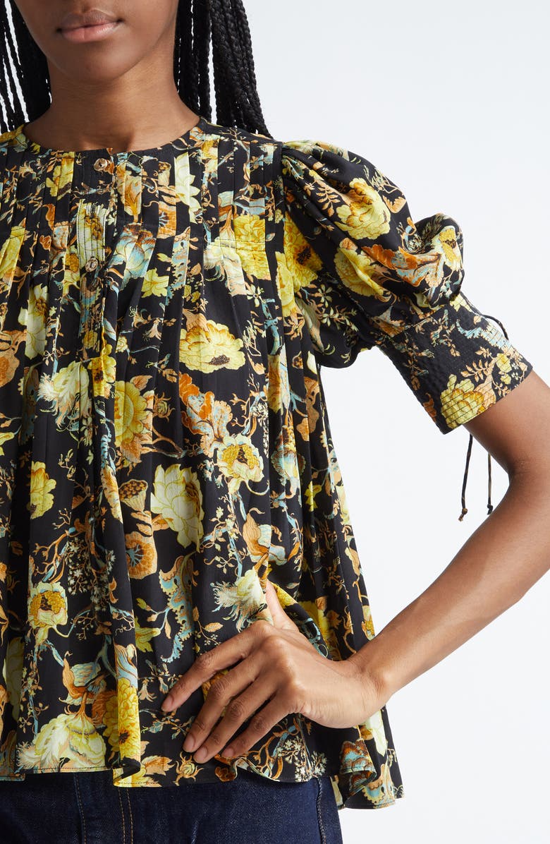 Ulla Johnson Marion Floral Pintuck Silk Trapeze Top, Alternate, color, 