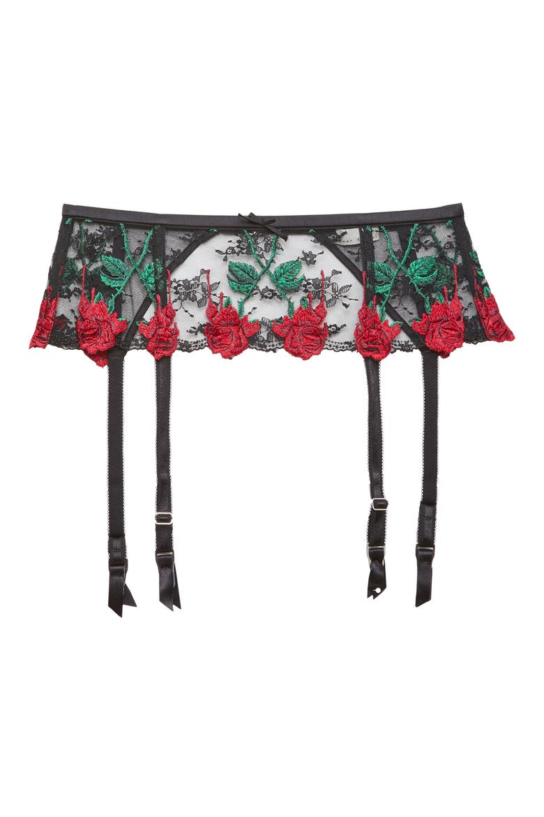 Bleeding Rose Embroidered Garter Belt, Main, color, BLACK