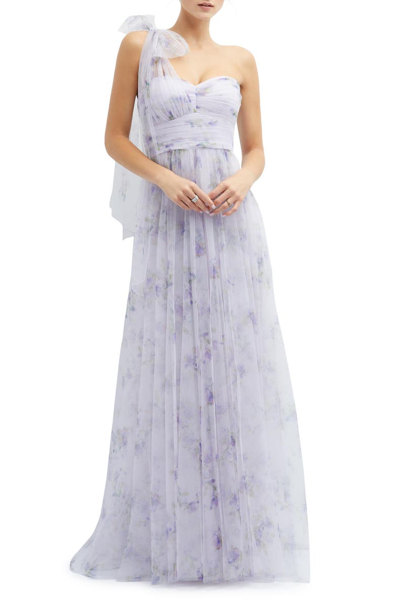 Dessy Collection Floral Tulle One-Shoulder Gown, Main, color, Lilac Haze Garden
