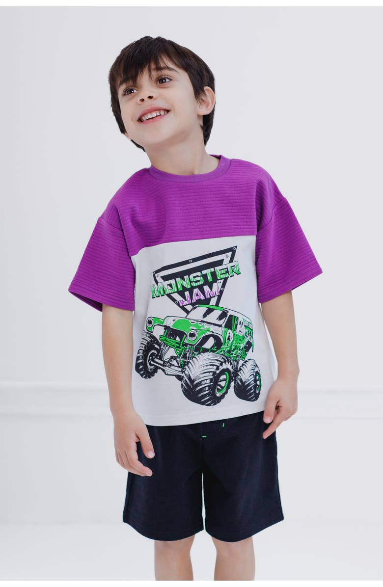 Monster Jam Grave Digger T-Shirt & Mesh Shorts Set, Alternate, color, Purple / Gray / Black