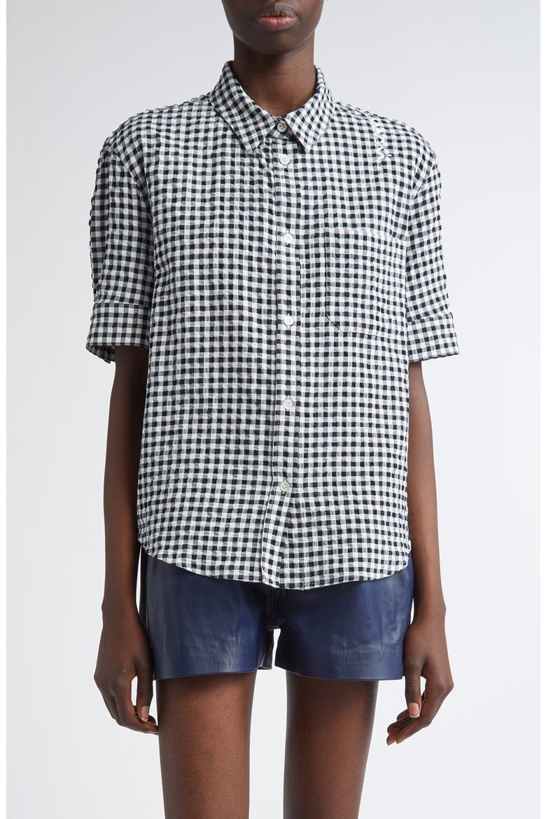 Gingham Seersucker Button-Up Shirt, Main, color, BLACK