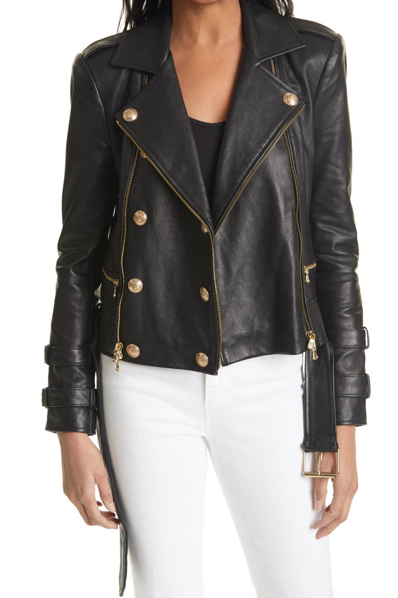 Billie Belted Leather Moto Jacket, Main, color, BLACK