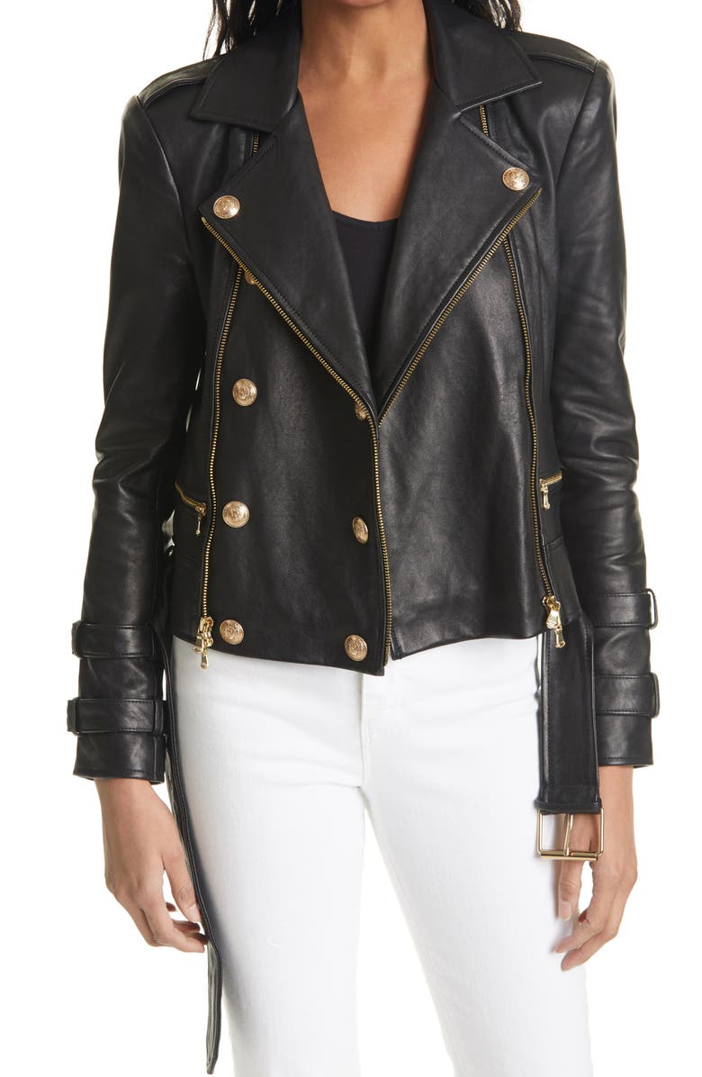 L'AGENCE Billie Belted Leather Moto Jacket, Main, color, 