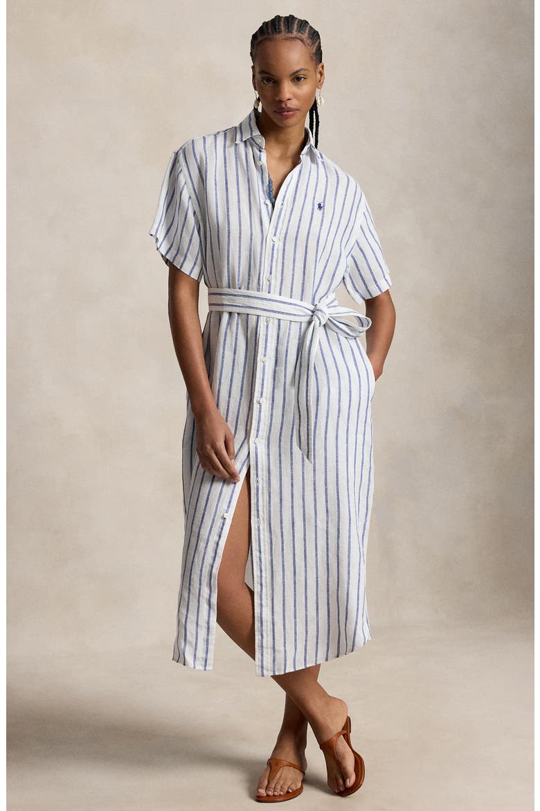 Striped Belted Linen Midi Shirtdress, Alternate, color, WHITE-ROYAL