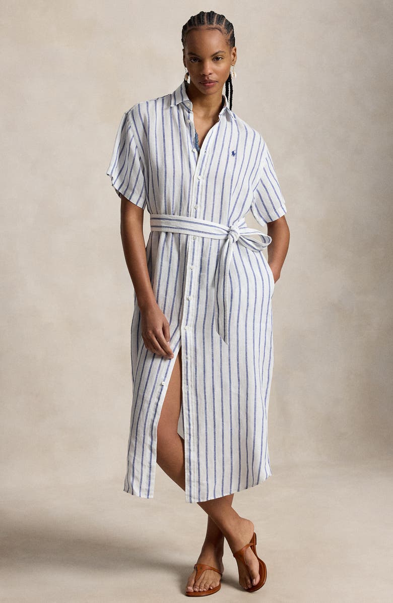 Polo Ralph Lauren Striped Belted Linen Midi Shirtdress, Alternate, color, White-Royal