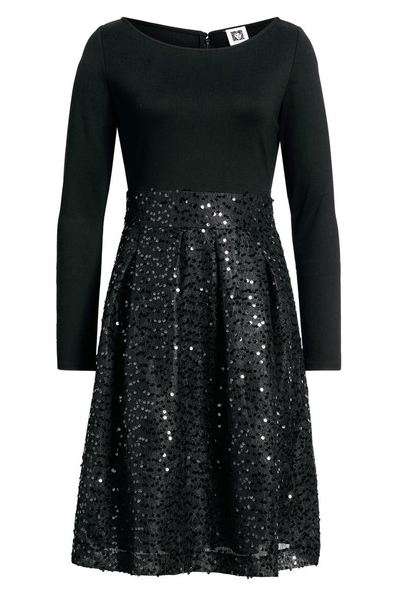 Mixed Media Long Sleeve Dress, Main, color, ANNE BLACK