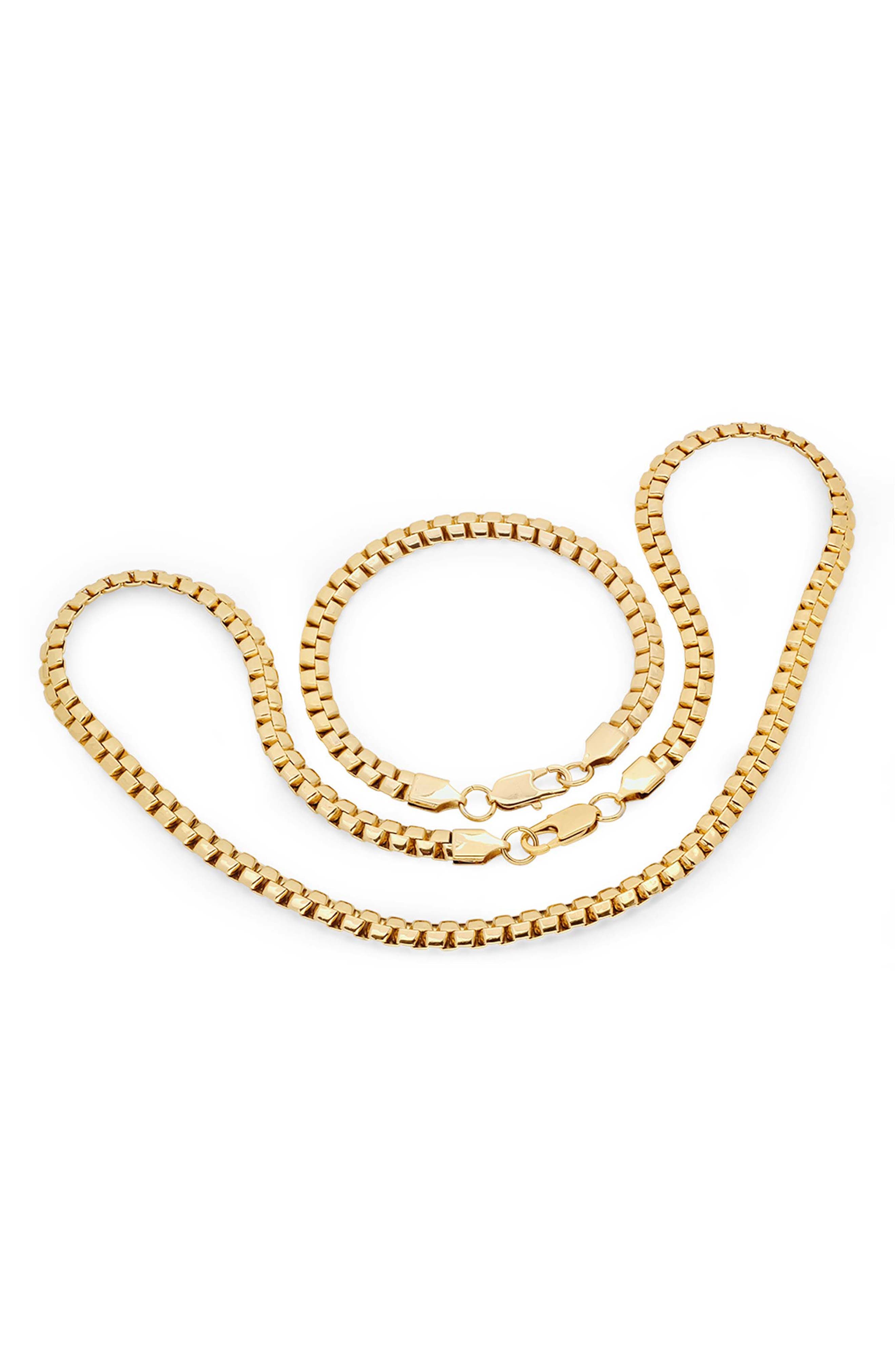 STEELTIME Men's 18K Gold Plated Stainless Steel Box Chain Necklace & Bracelet Set