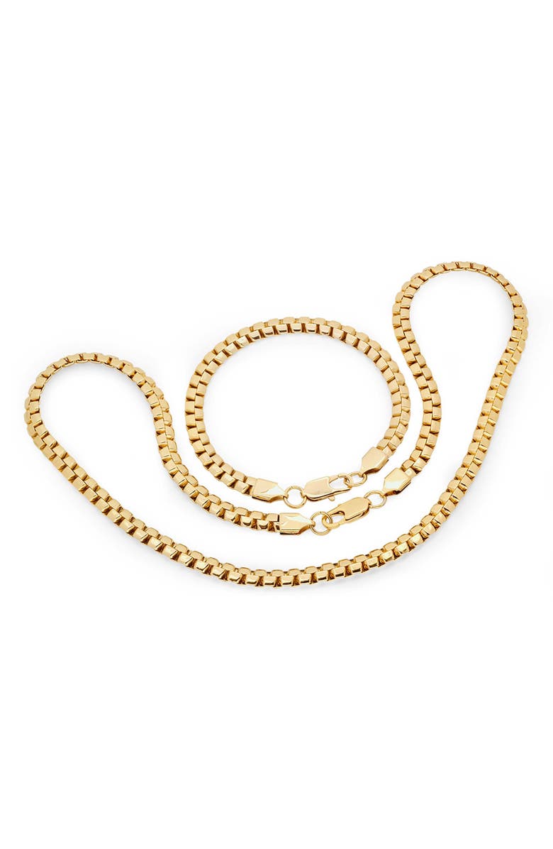 STEELTIME Men's 18K Gold Plated Stainless Steel Box Chain Necklace & Bracelet Set, Main, color, Gold