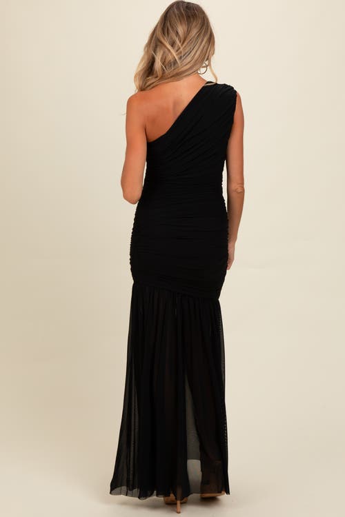 Pinkblush Ruched Mesh One Shoulder Maxi Dress In Black