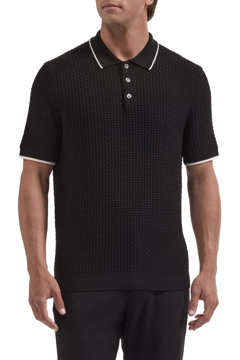 Basket Stitch Cotton Blend Polo Sweater, Main, color, BLACK