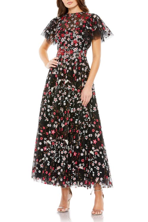 Shop Mac Duggal Embellished Butterfly Tea Length A Line Dress In Black Multi
