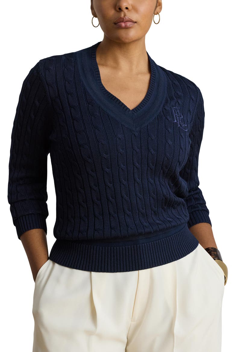 Bright Cable Knit Sweater, Alternate, color, LAUREN NAVY BLUE