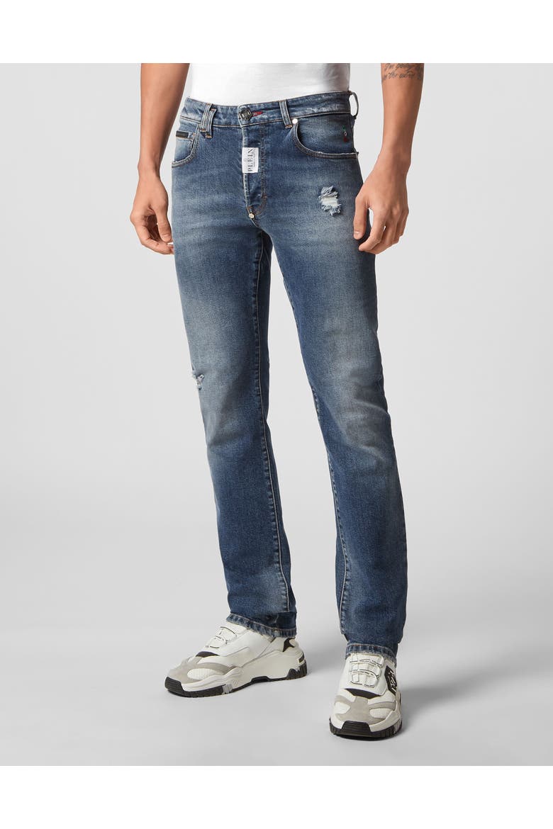 Denim Trousers Super Straight Cut Hexagon Logo Men, Main, color, bluemarlin