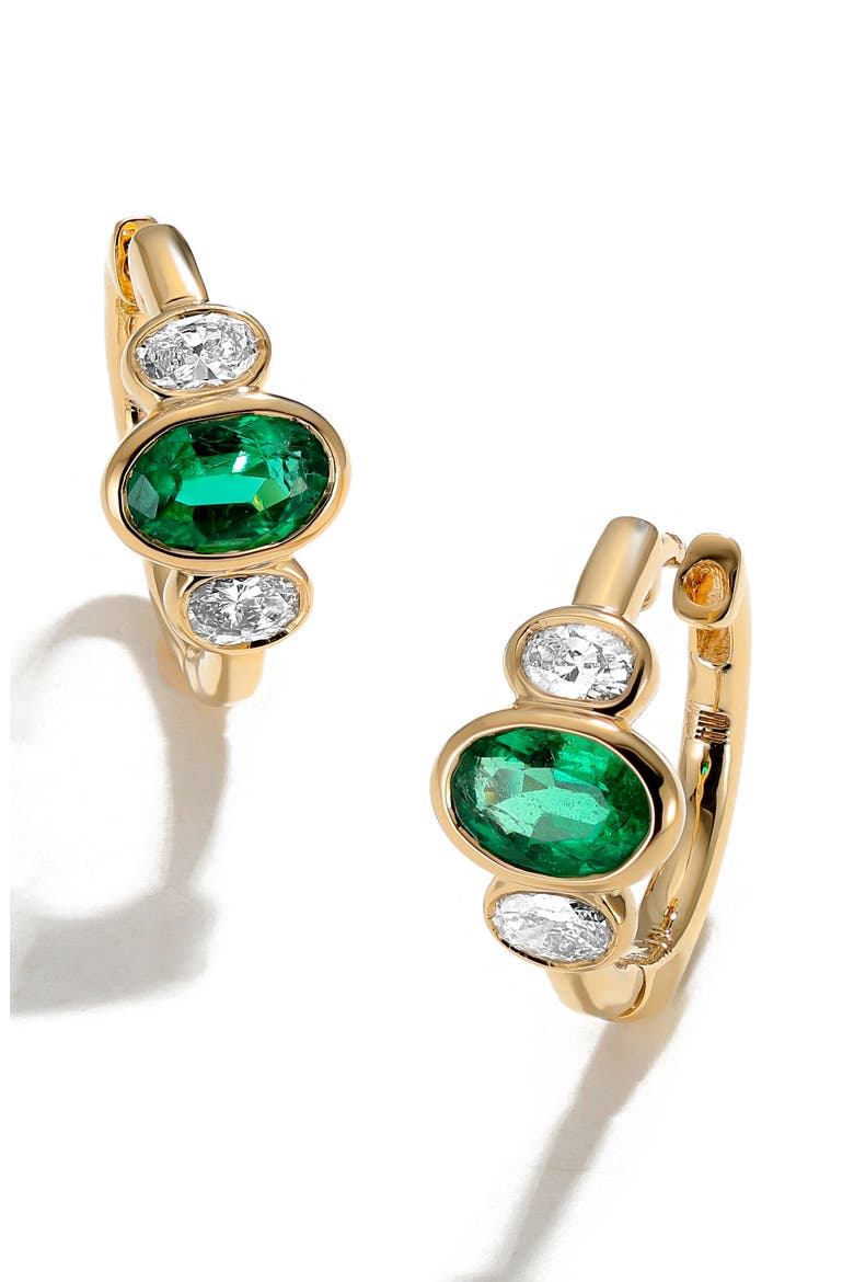 Three Stone Oval Cut Emerald & Diamond Huggie Hoop Earrings, Main, color, EMERALD