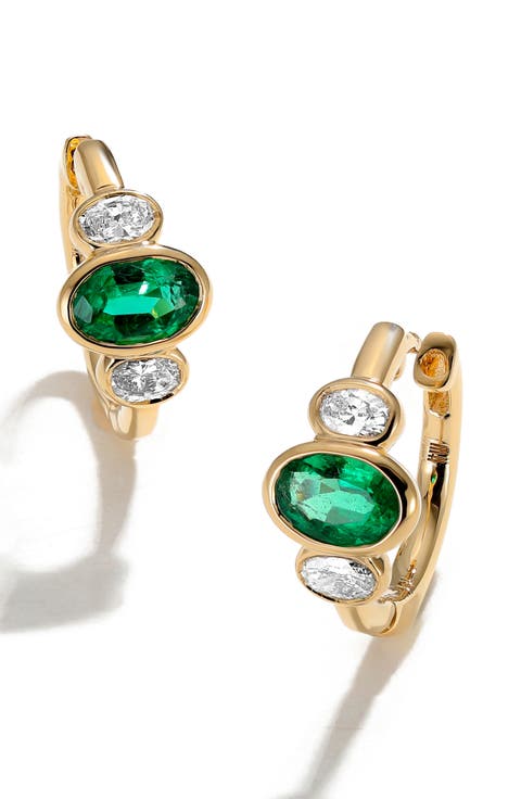 Three Stone Oval Cut Emerald & Diamond Huggie Hoop Earrings