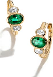 Mark Henry Three Stone Oval Cut Emerald & Diamond Huggie Hoop Earrings