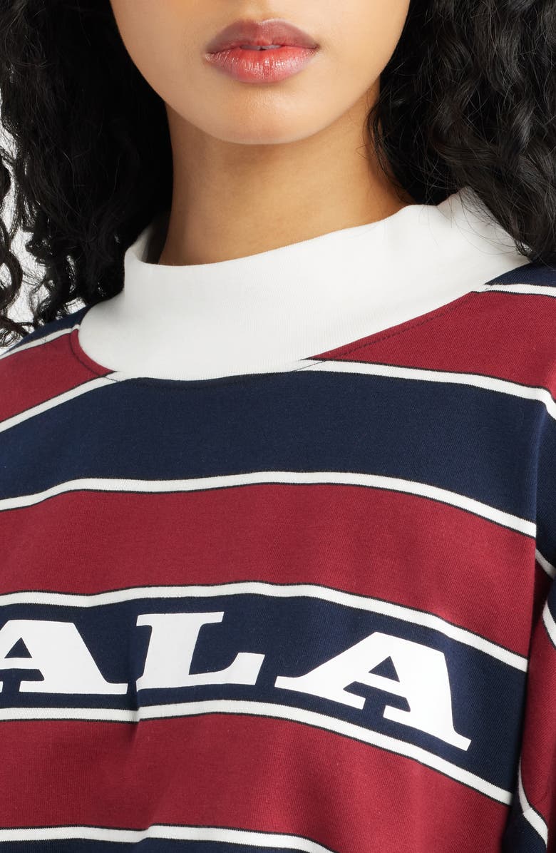Dressed in Lala College Dropout Oversize Stripe Logo Sweatshirt, Alternate, color, Wine