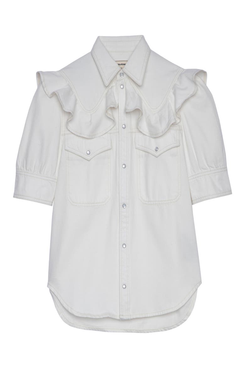 Toky Ruffle Cotton Denim Shirt, Alternate, color, JUDO