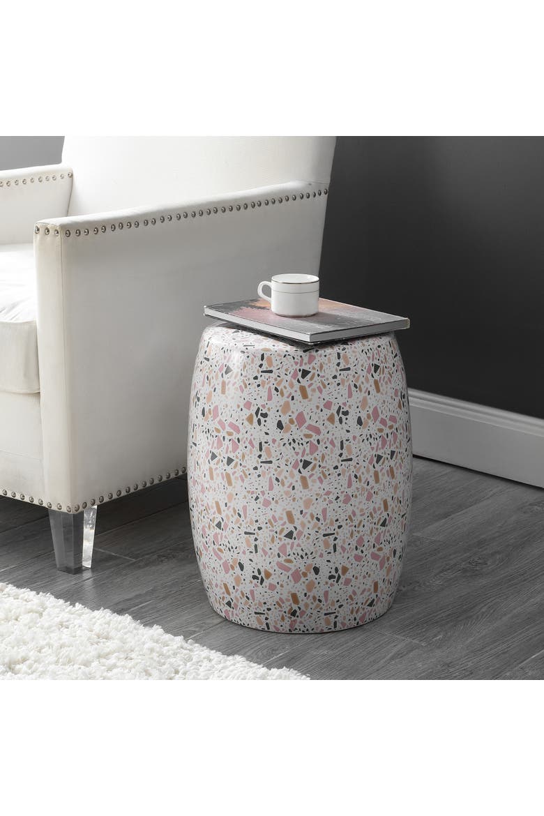 Chiara Traditional Floral Chinoiserie Ceramic Drum Garden Stool, Pierced Indoor/Outdoor Patio Seat & Side Table, Alternate, color, White/Pink