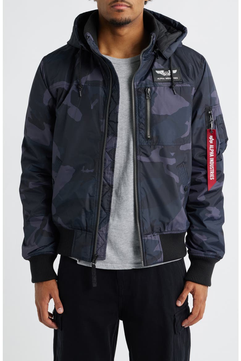 Hooded Rib Flight Jacket, Main, color, BLACK WOODLAND CAMO