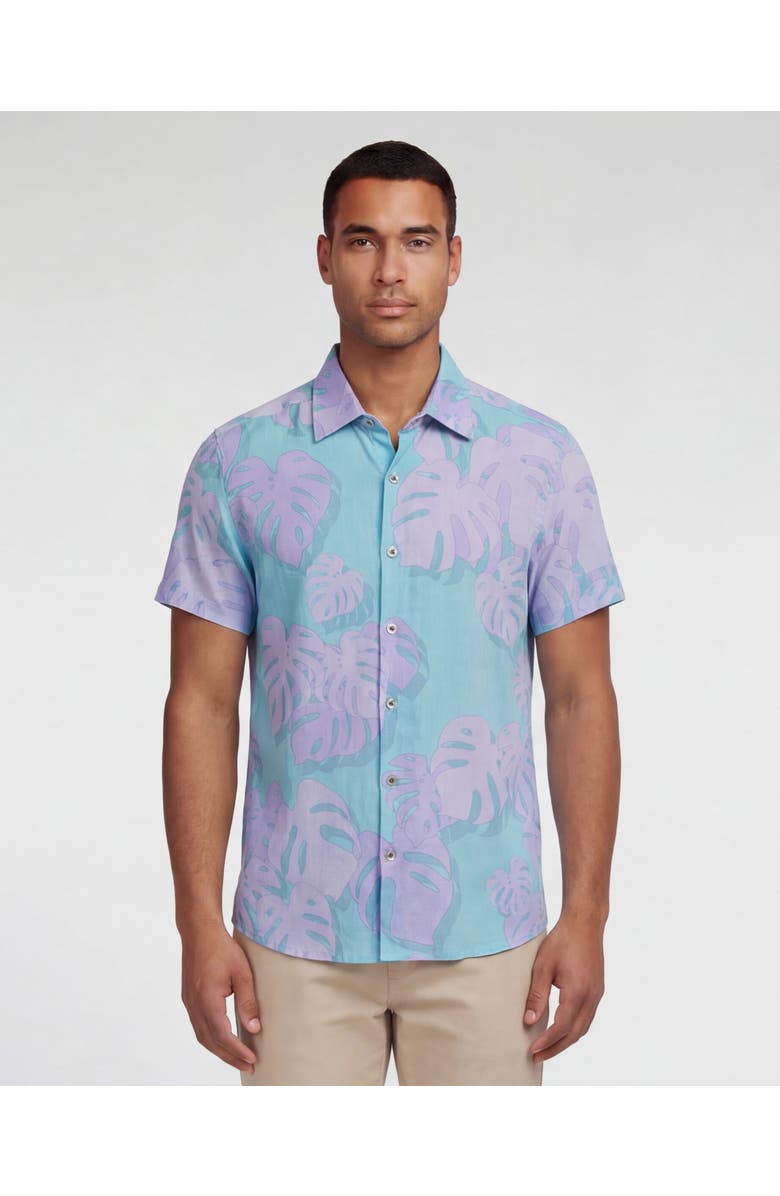 Lords of Harlech Monstera Floral Mens Linen Button-up Shirt, Main, color, Monstera Floral Teal