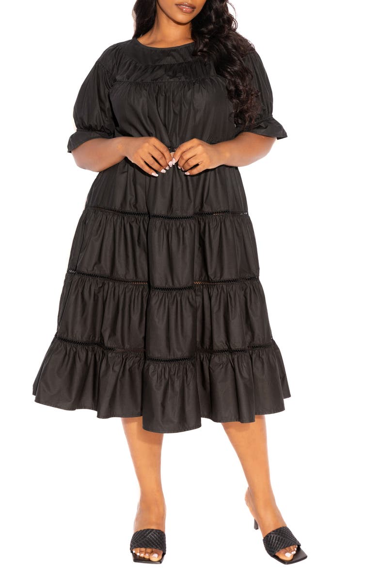 BUXOM COUTURE Tiered Cotton Blend Poplin Dress, Main, color, Black