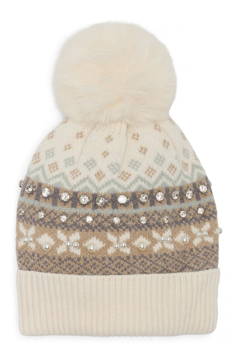 Fair Isle Pom Beanie with Crystals and Faux Pearls, Main, color, IVORY