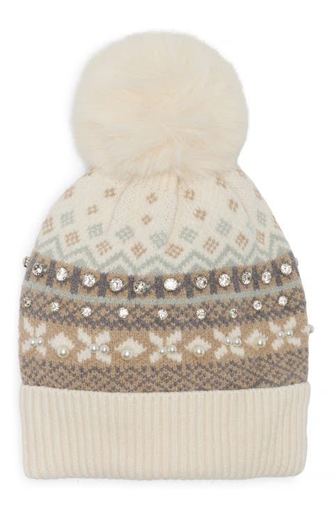 Fair Isle Pom Beanie with Crystals and Faux Pearls