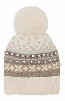 Fair Isle Pom Beanie with Crystals and Faux Pearls