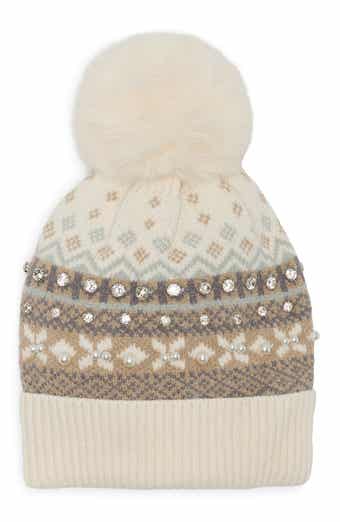 Fair Isle Pom Beanie with Crystals and Faux Pearls