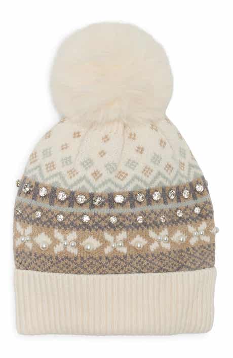 Fair Isle Pom Beanie with Crystals and Faux Pearls
