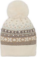 NATASHA Fair Isle Pom Beanie with Crystals and Faux Pearls