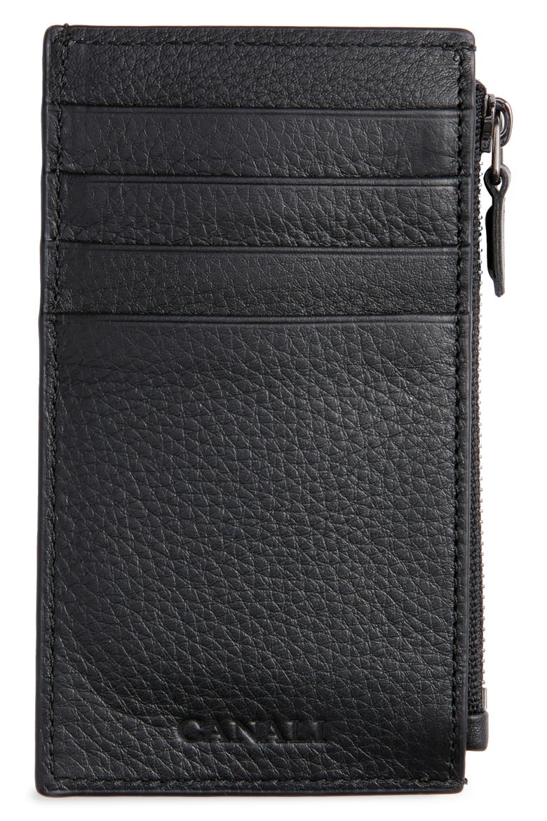 Tumbled Calfskin Card Holder with Zip, Main, color, BLACK