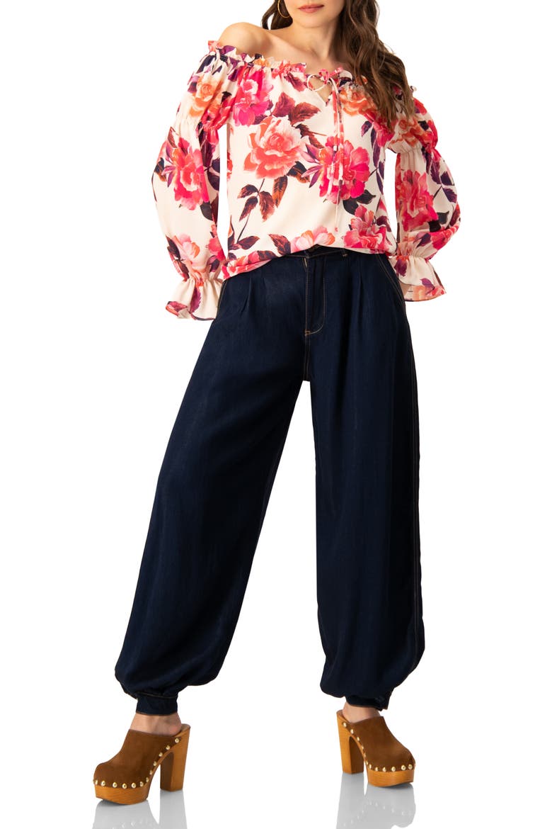 Off-Shoulder Long Sleeve Printed Blouse, Alternate, color, Ivory