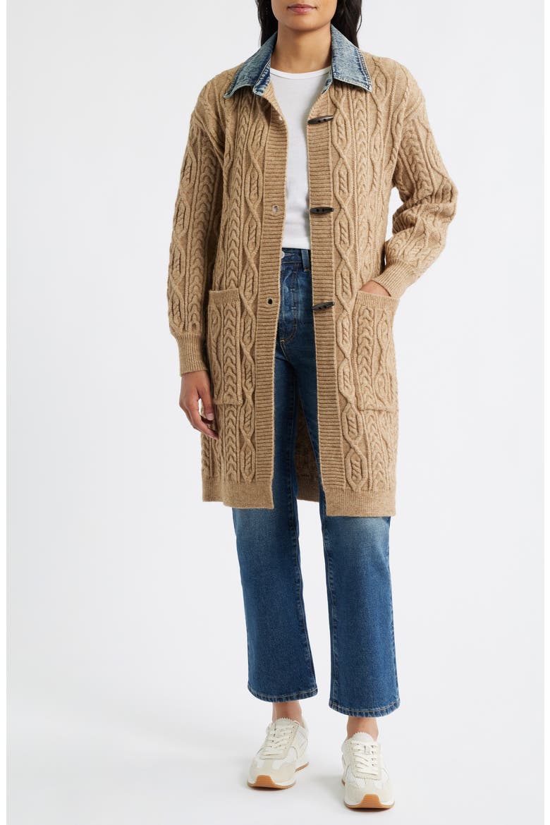 Denim Collar Cable Long Cardigan, Main, color, BROWN