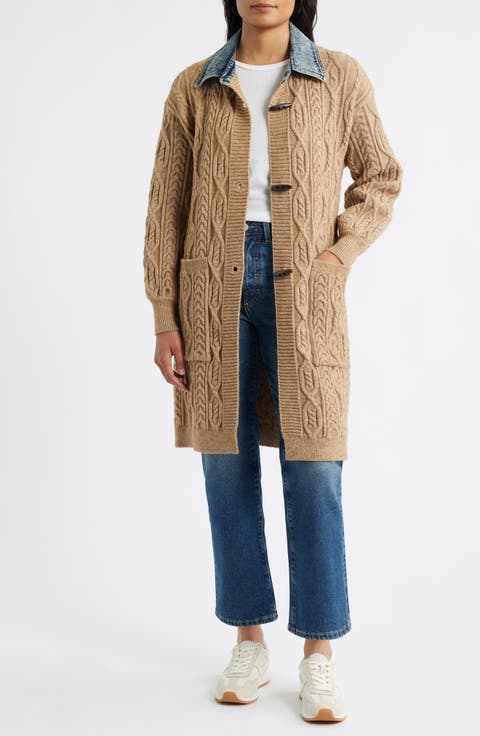Denim Collar Cable Long Cardigan