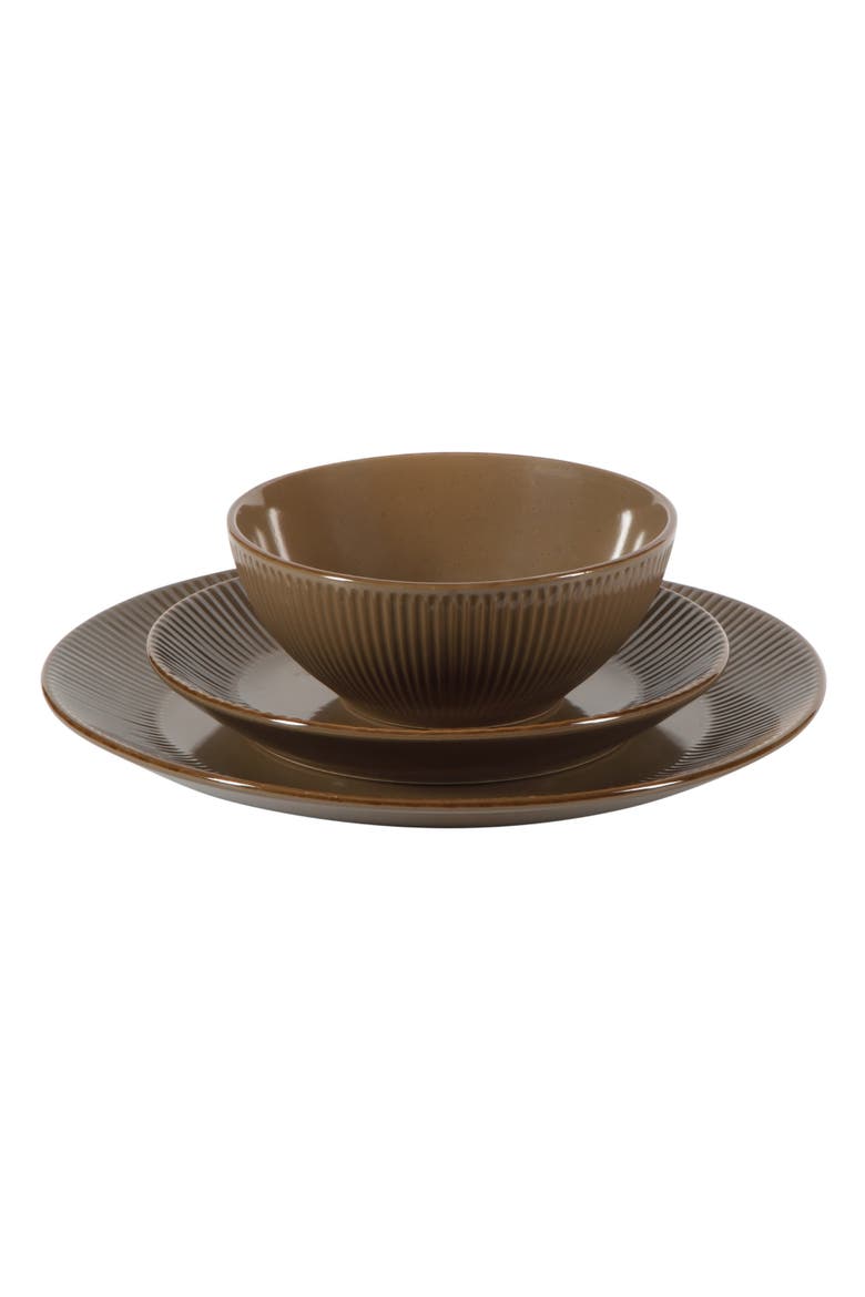 Plates and Bowls Set 12 Piece Ribbed Solid Color Dinnerware Set for 4, Alternate, color, Brown