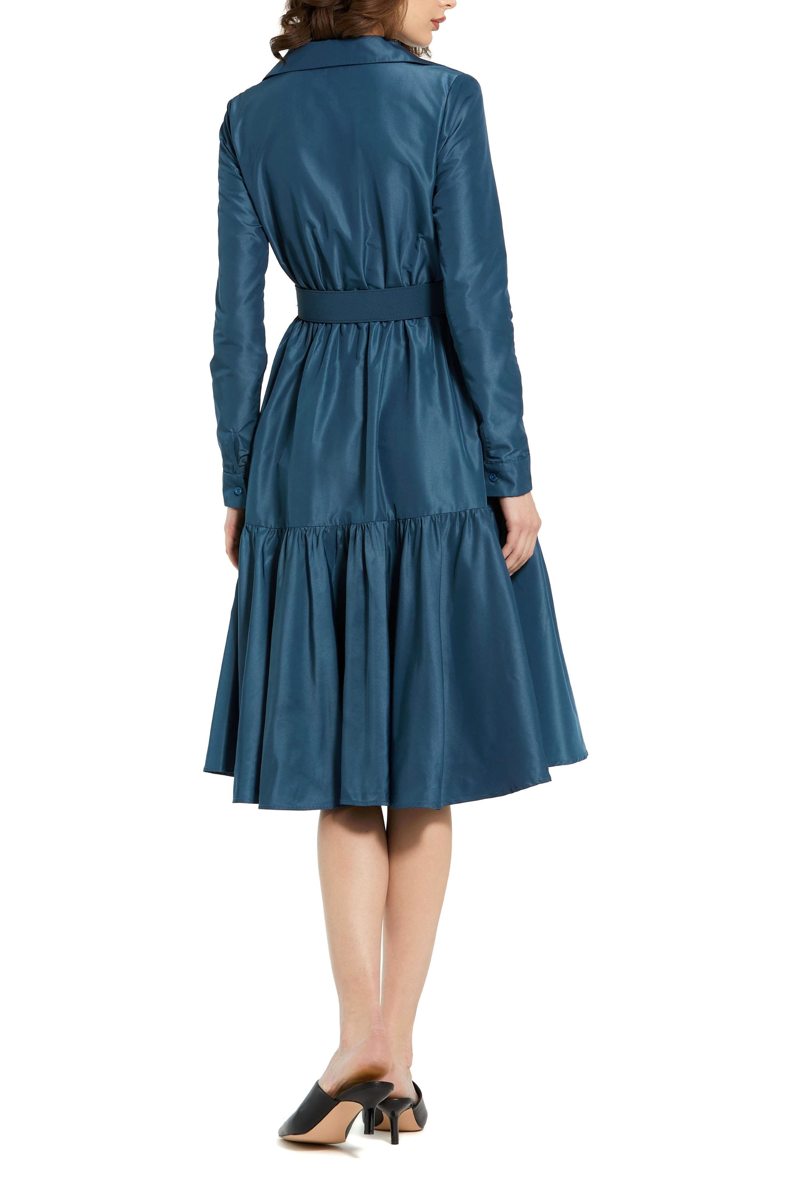 Faille Long Sleeve Collared Belted Midi Dress - image 2
