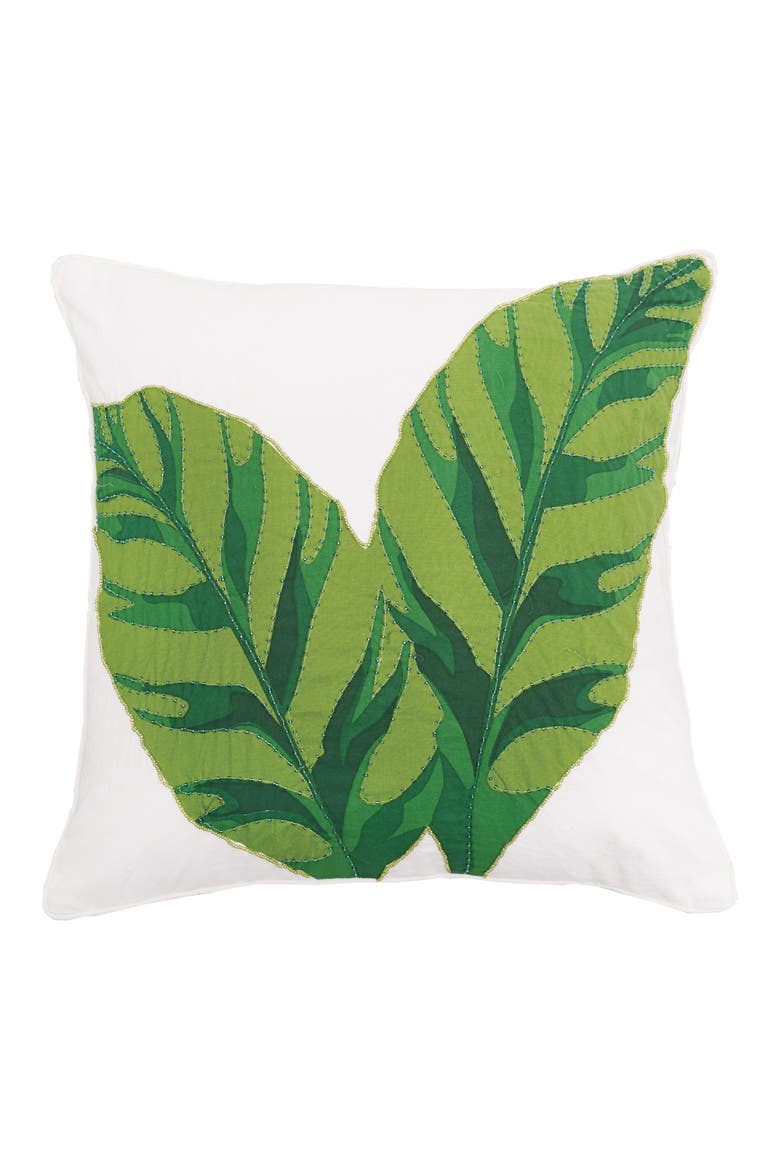 Layla Banana Leaves Beaded Throw Pillow, 18" x 18", Main, color, Green