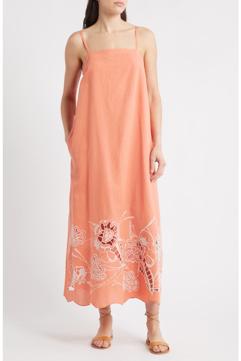 Mila Cotton & Linen Maxi Dress, Main, color, CORAL PEACH / IVORY