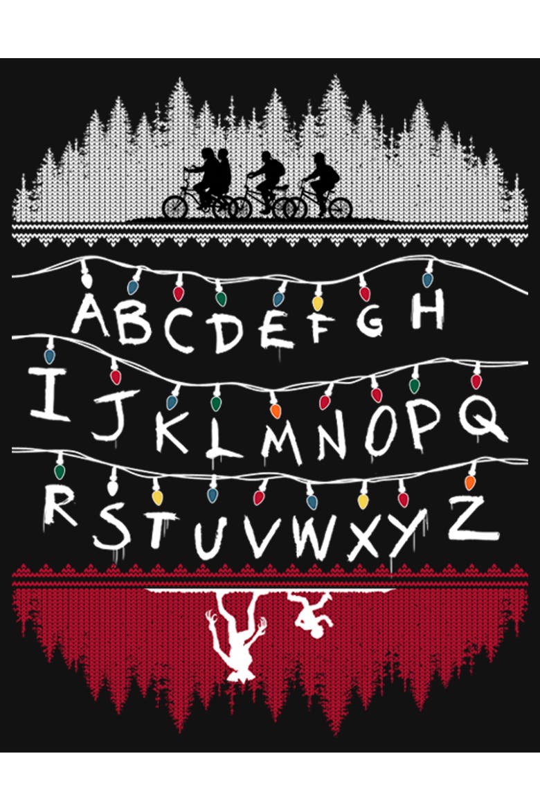 Girl's Stranger Things Christmas Light Message  Graphic T-Shirt, Alternate, color, Black
