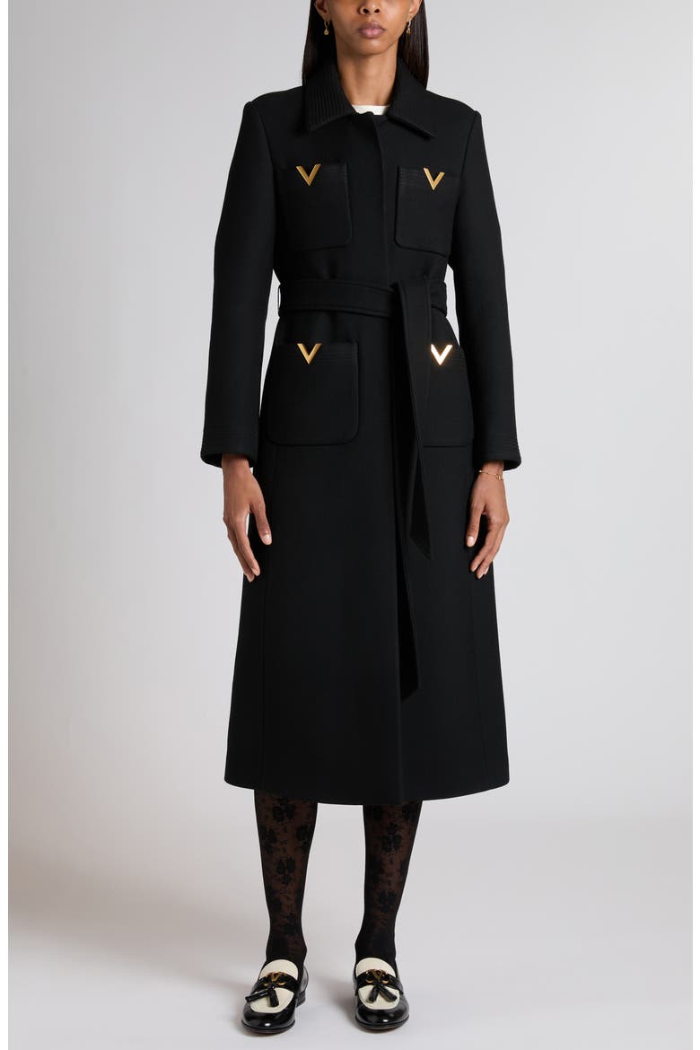 V-Detail Belted Virgin Wool & Silk Drill Coat, Main, color, BLACK